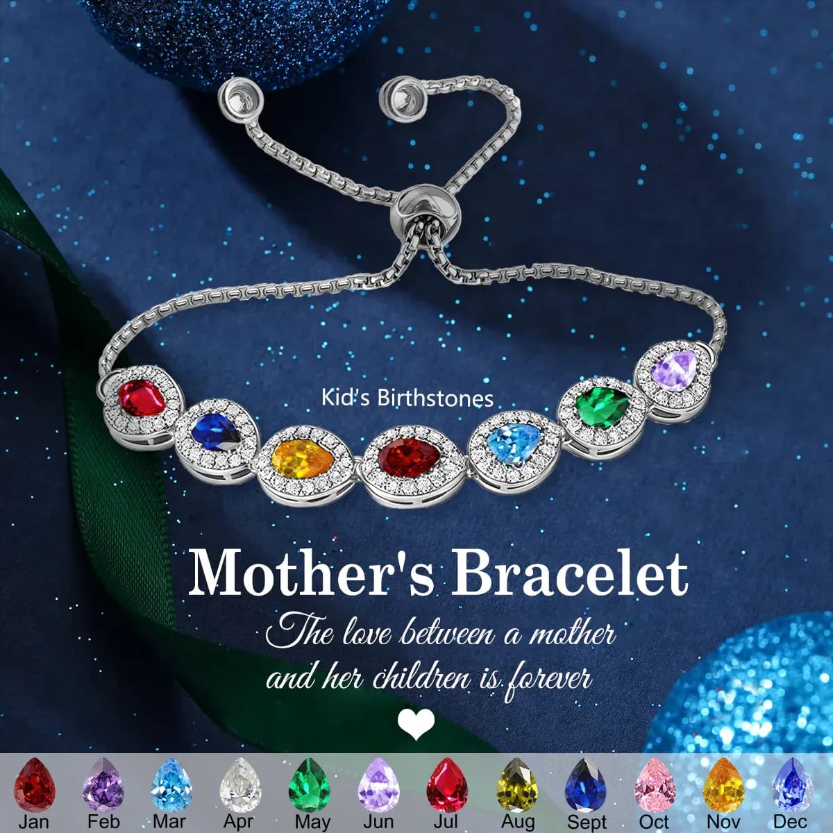 Personalized Family Birthstone Bracelet - Custom Bracelet with 1-10 Birthstones, Adjustable Copper Chain, Meaningful Gift for Family Members