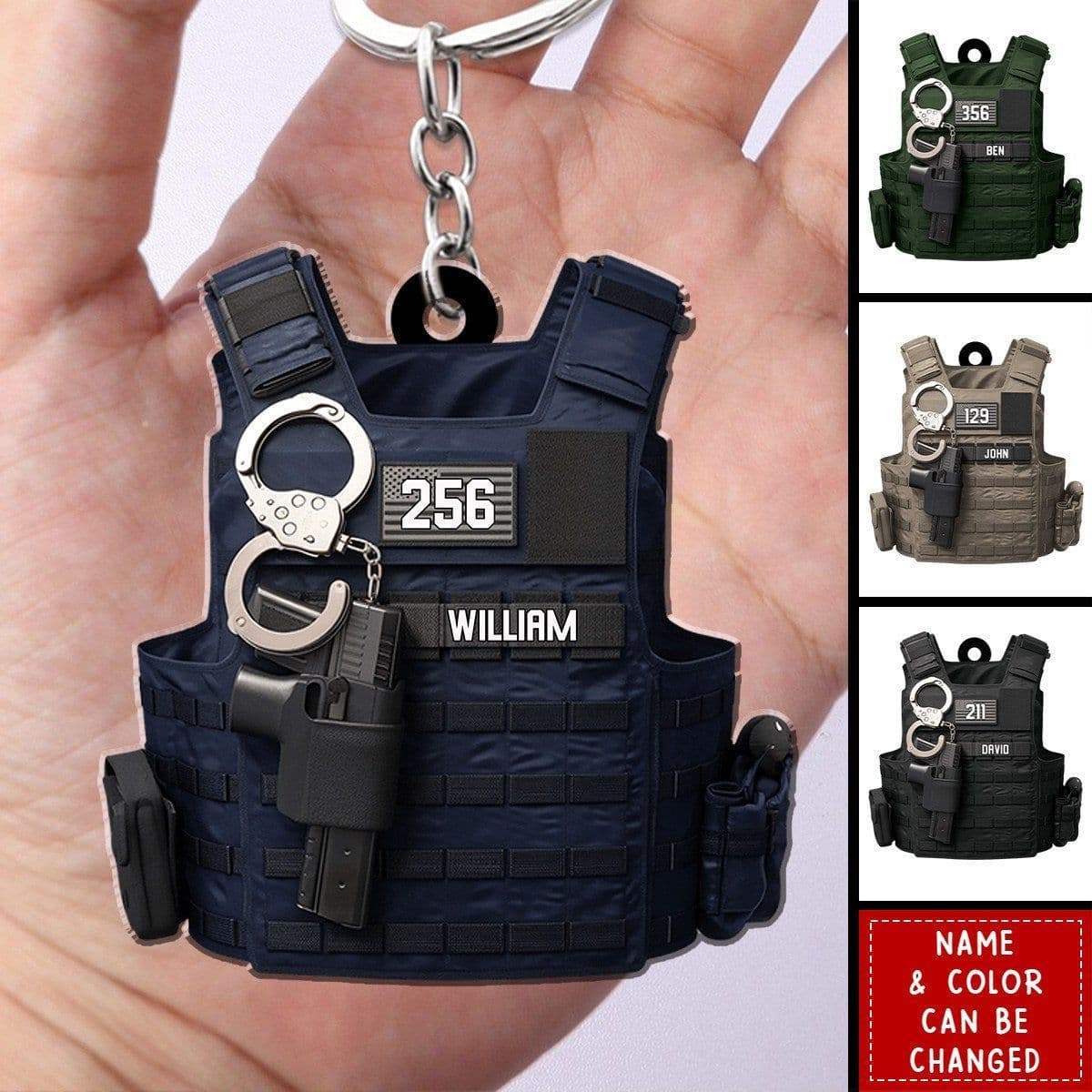 Personalized Police Bulletproof Vest Keychain - Custom Name & Number Acrylic Tactical Gift