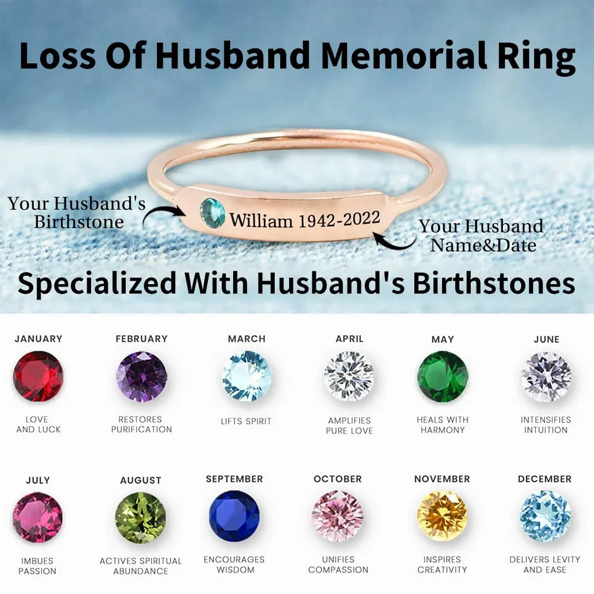 Personalized Birthstone Memorial Ring for Loss of Husband - Custom Name & Date Engraved with Birthstone, Forever in My Heart Remembrance Jewelry