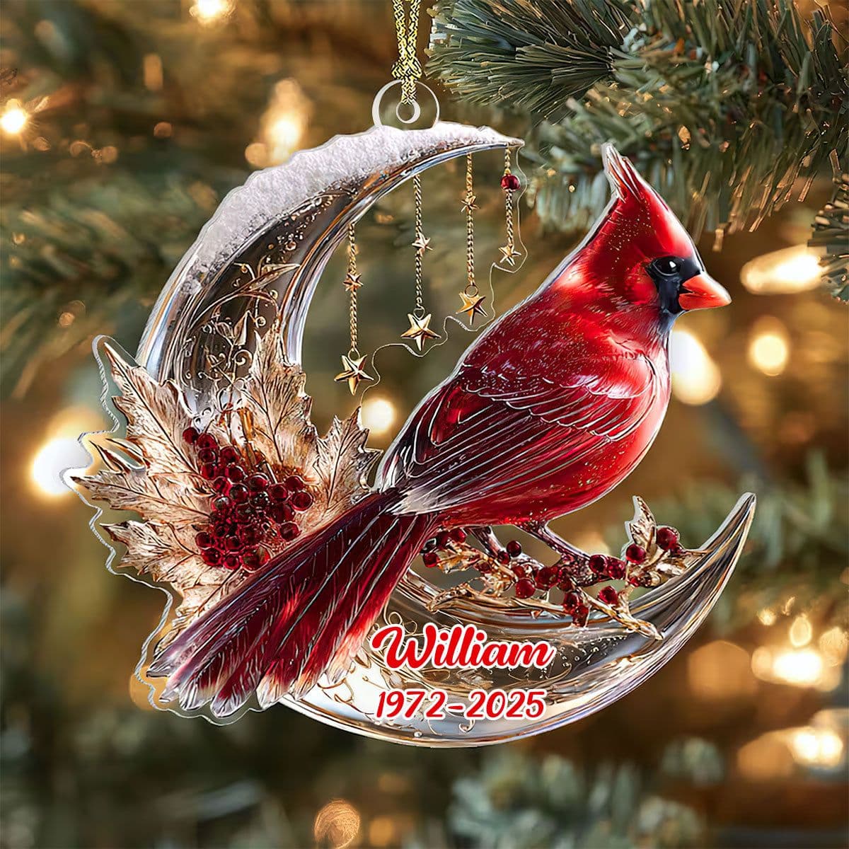 Personalized In Loving Memory Cardinal On Moon Ornament - Red Cardinal Memorial Christmas Ornament - Custom Name & Year Bereavement Gift