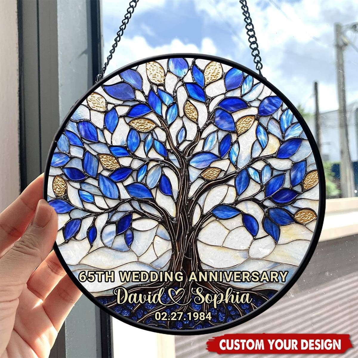 Personalized Tree of Life Stained Glass Suncatcher - Custom Names, Anniversary Years & Date Window Hanging Ornament, Unique Wedding Anniversary Gift for Couples, Parents