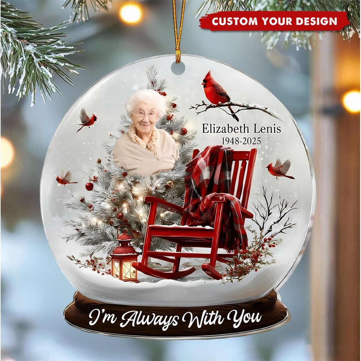 Personalized Memorial Ornament with Photo - Cardinal & Rocking Chair - I'm Always With You - Custom Acrylic Keepsake