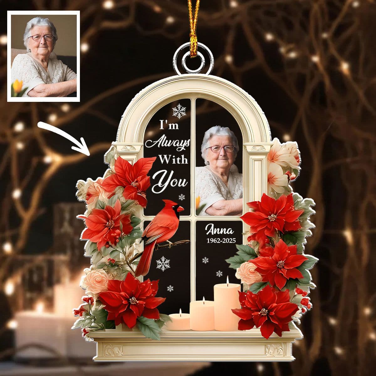 I'm Always With You - Personalized Memorial Ornament with Photo, Name & Year - Red Cardinal Bereavement Gift