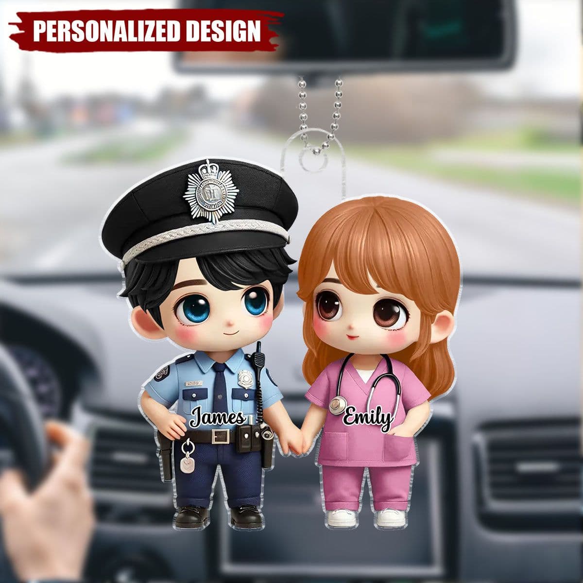 Personalized Cute Chibi Couple Car Ornament - Custom Acrylic Rearview Mirror Hanger by Occupation (Nurse, Police, Firefighter) - Gift for Couples