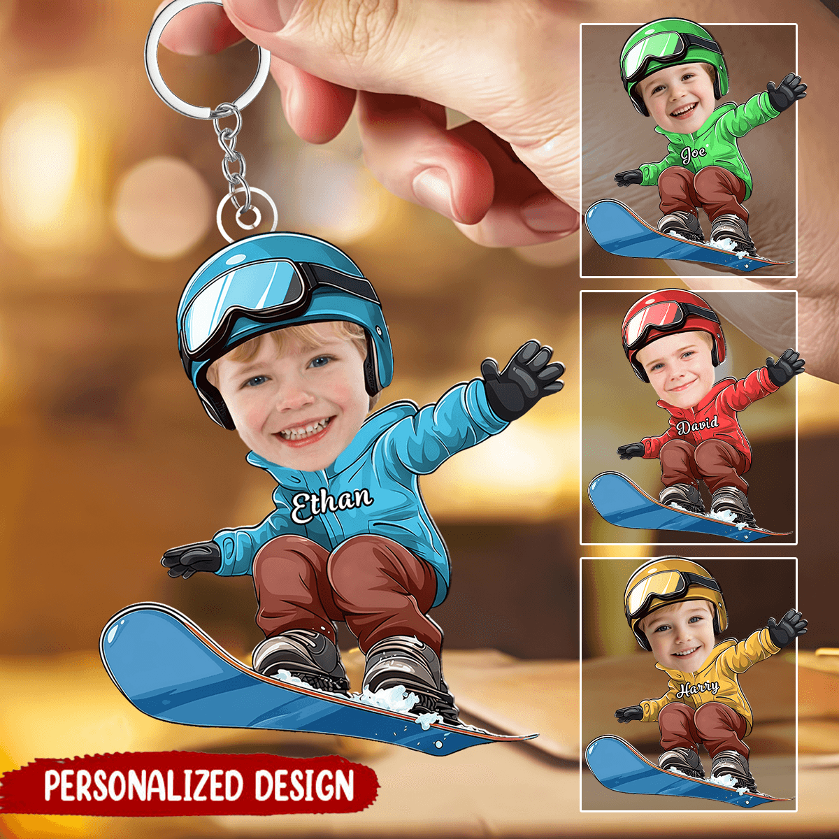 Personalized Snowboarder Keychain with Custom Photo Face & Name - Acrylic Gift for Snowboarding Lovers