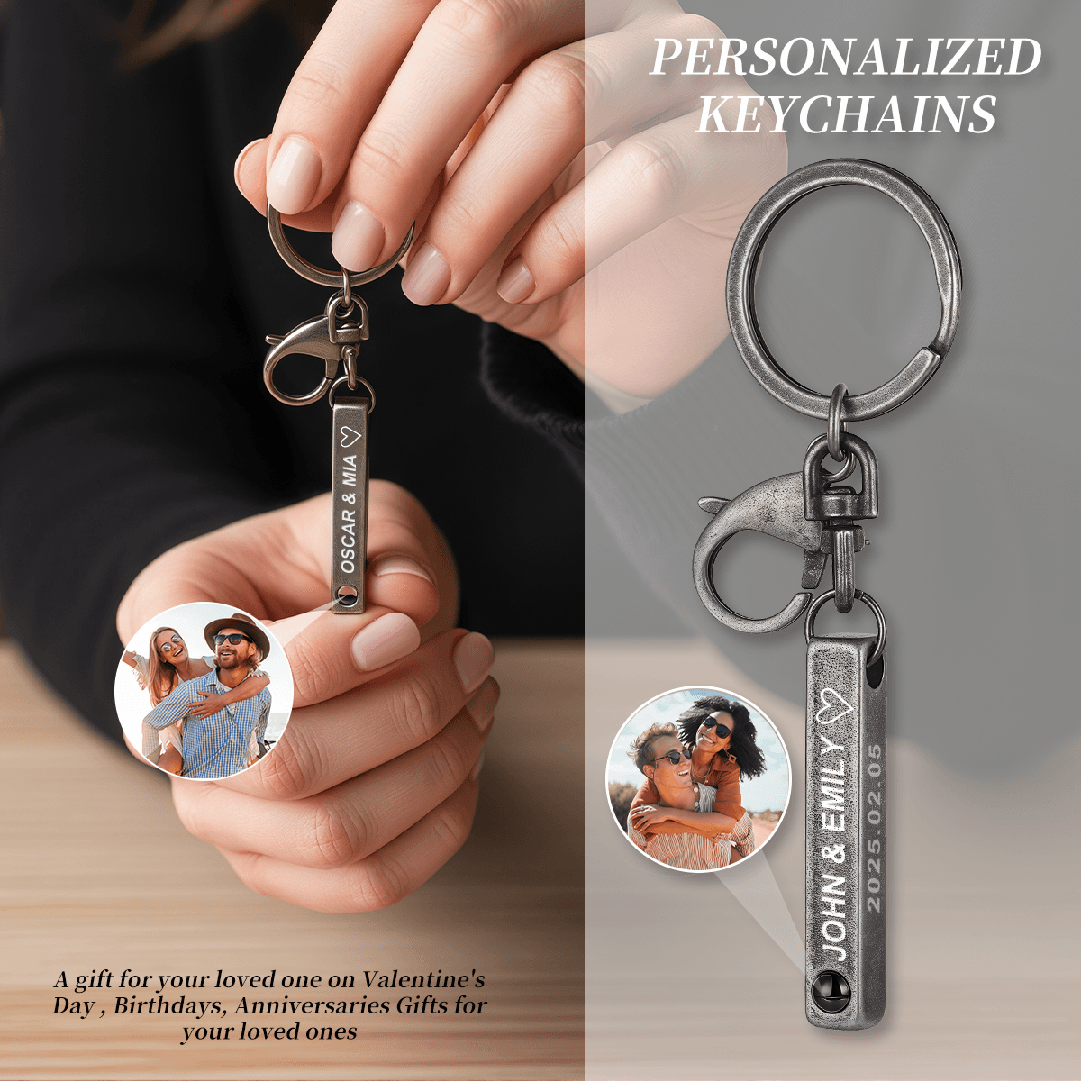 Personalized Photo Projection Keychain - Custom Engraved Bar with Names & Date - Unique Valentine's Day, Anniversary & Birthday Gift for Couples