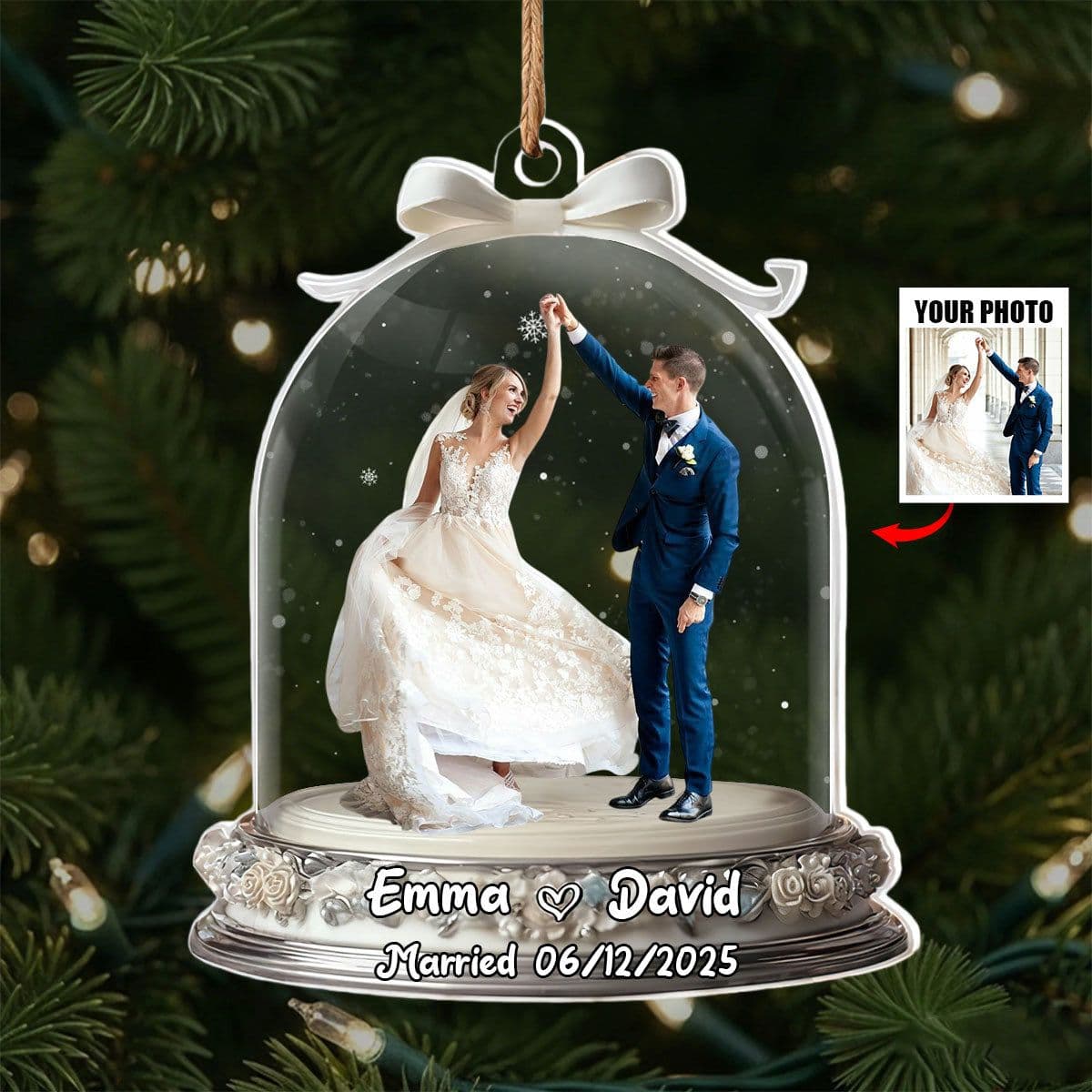 Personalized Custom Photo Snow Globe Ornament - Engaged or Married Couple Gift, Acrylic Keepsake with Names & Date, Wedding or Engagement Photo Ornament