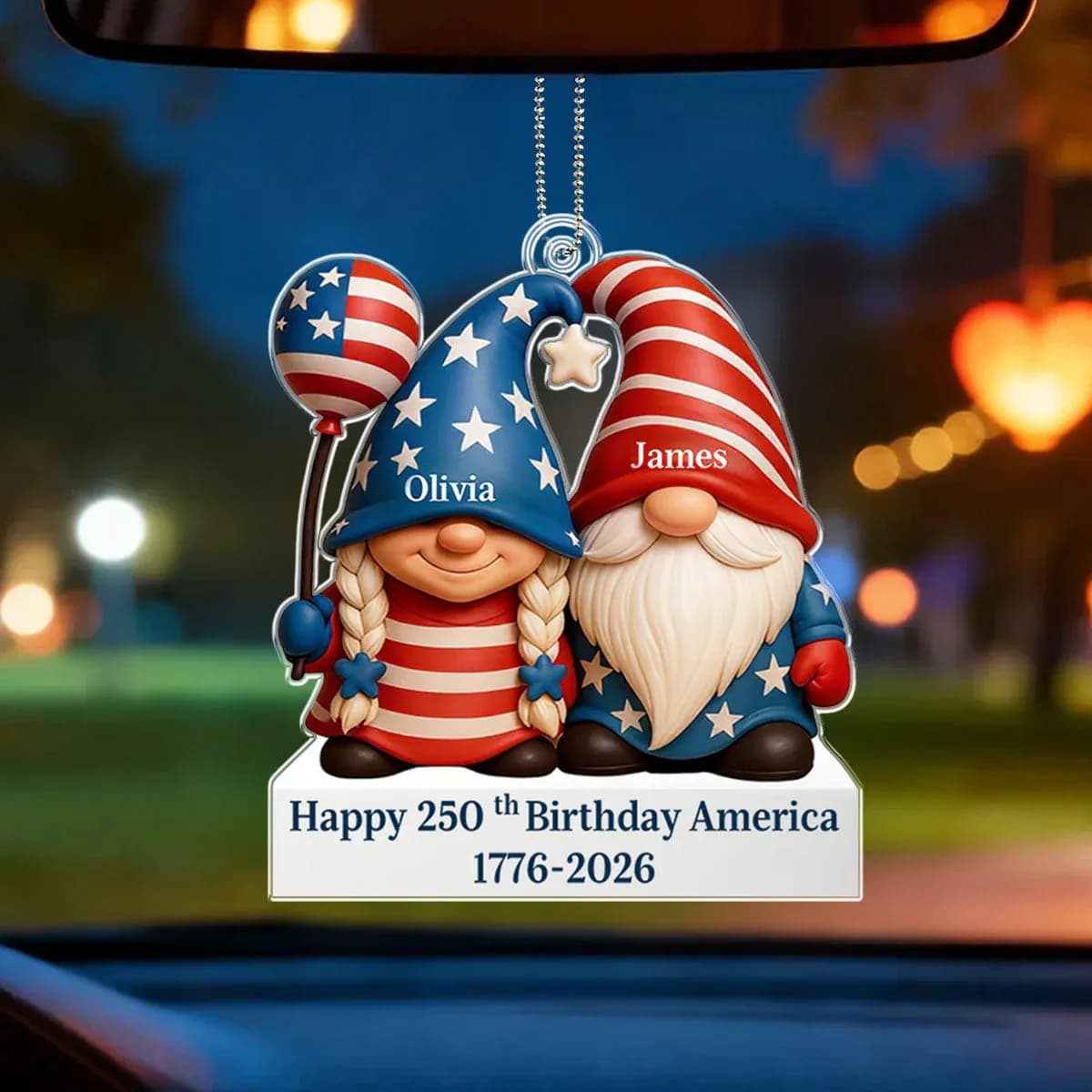 Personalized Patriotic Gnome Couple Acrylic Car Ornament - Happy 250th Birthday America 1776-2026 - Custom Names USA Semiquincentennial Hanging Keepsake