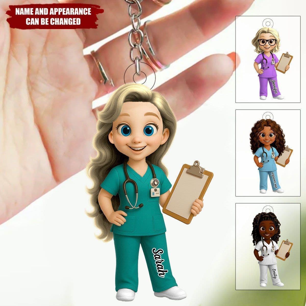Personalized Nurse Keychain - Cute Cartoon Nurse Acrylic Keychain with Custom Name, Skin Tone & Scrubs Color - Funny Nurse Gift for RN, LPN, Nurse Week