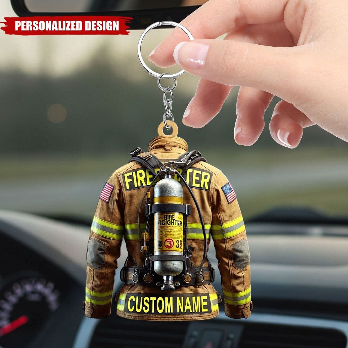 Personalized Custom Name Firefighter Uniform Keychain - Acrylic Fireman Turnout Gear Keychain with Air Tank, American Flag - Custom Firefighter Gift for Dad, Retirement, Father's Day
