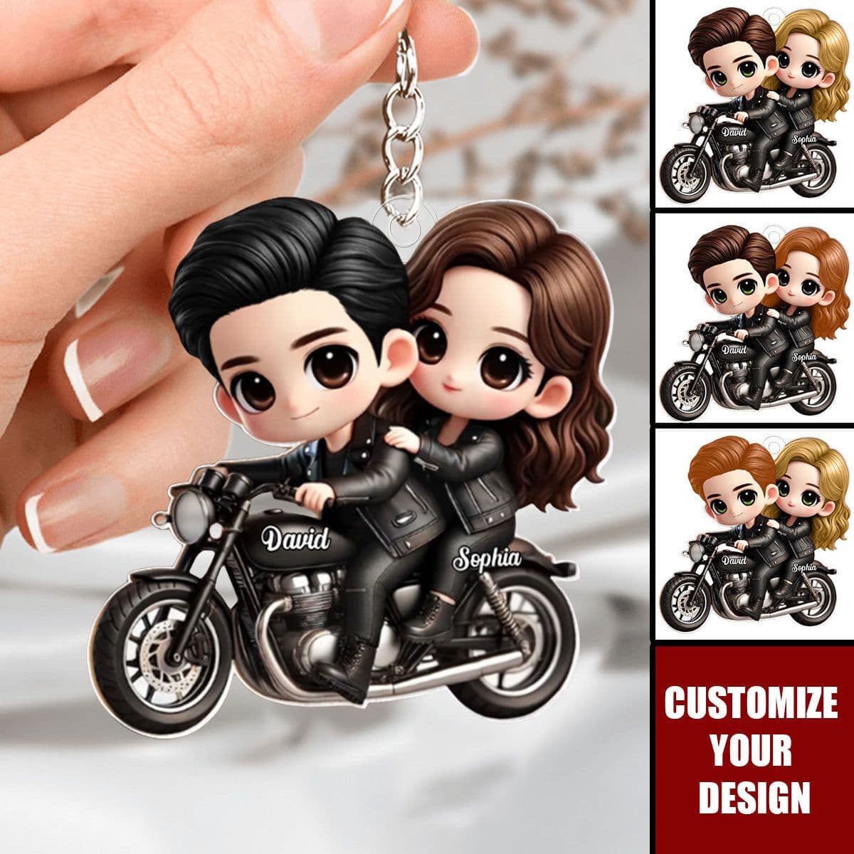 Personalized Cute Chibi Couple on Motorcycle Acrylic Keychain - Custom Biker Couple Gift for Anniversary, Valentine's Day, Boyfriend or Girlfriend
