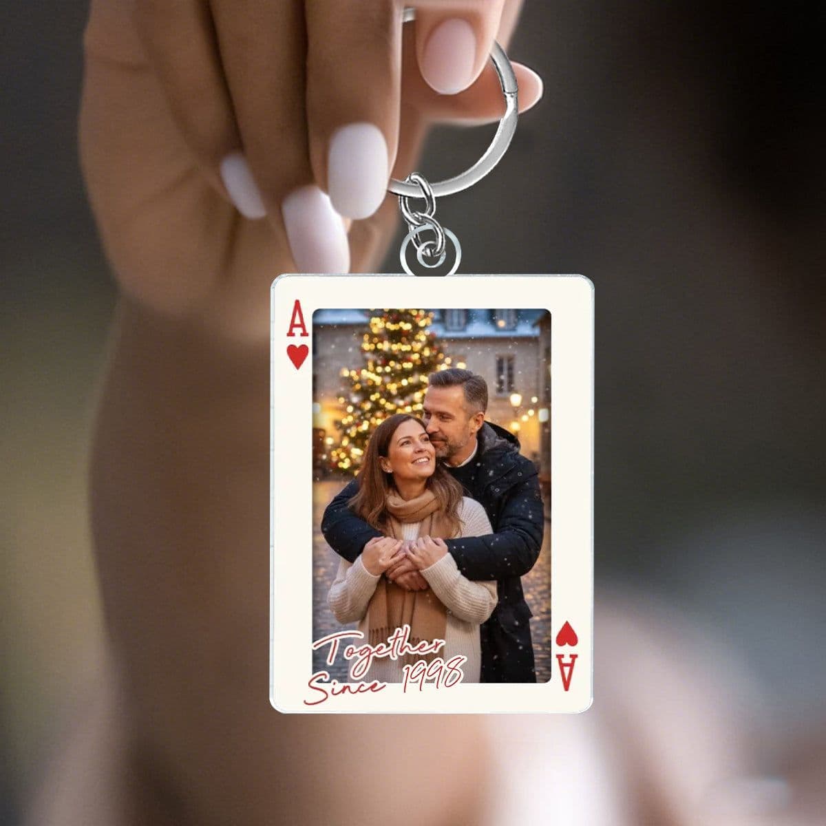 Personalized Couple Photo Keychain - Custom Ace of Hearts Acrylic Playing Card with Quote & Year - Romantic Anniversary Gift for Him or Her