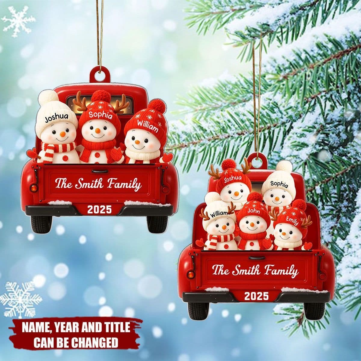 Family Snowman on Christmas Truck - Personalized Christmas Acrylic Ornament