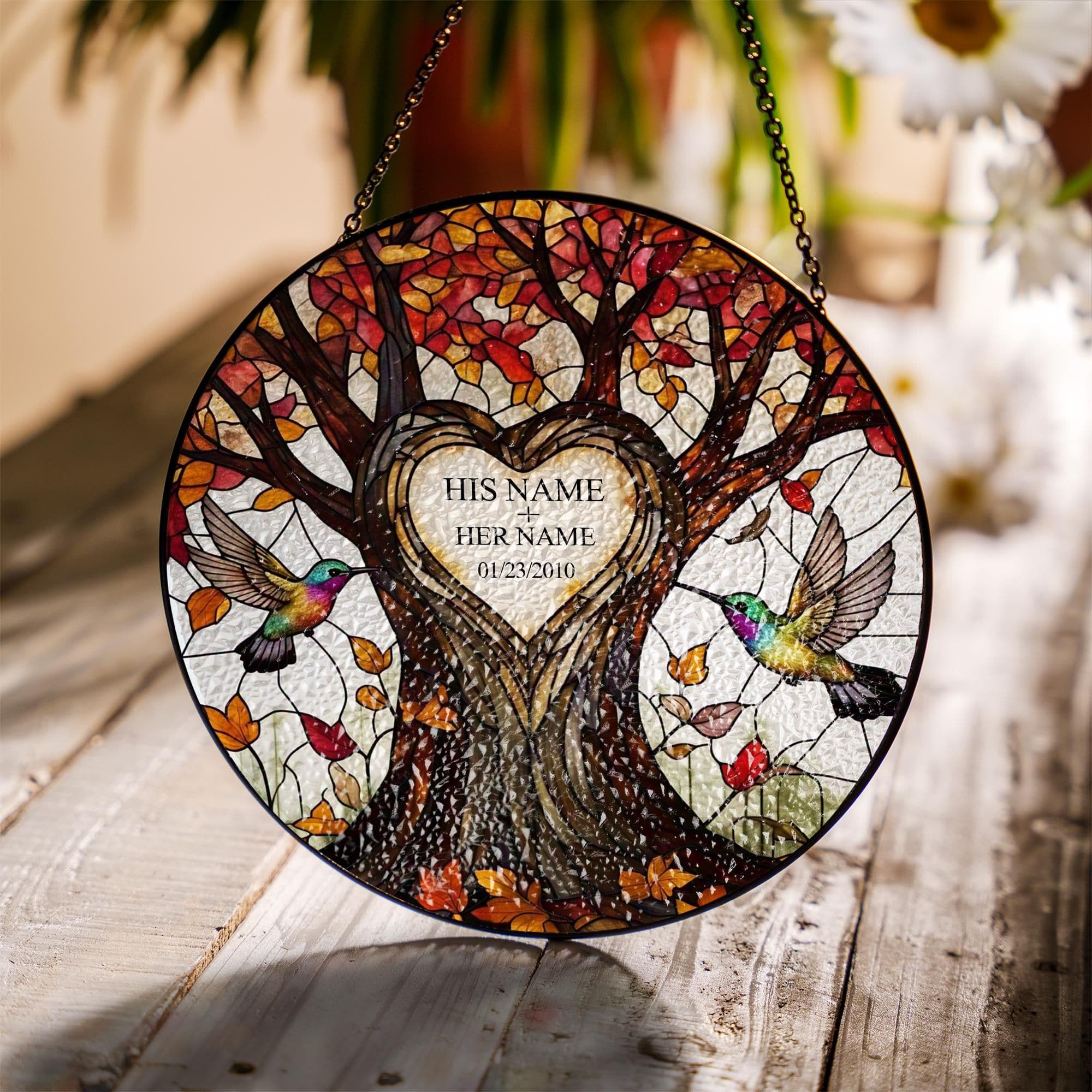 Personalized Tree of Life Stained Glass Suncatcher with Hummingbirds - Custom Couple Names & Date Anniversary Gift, Wedding Keepsake Window Hanging