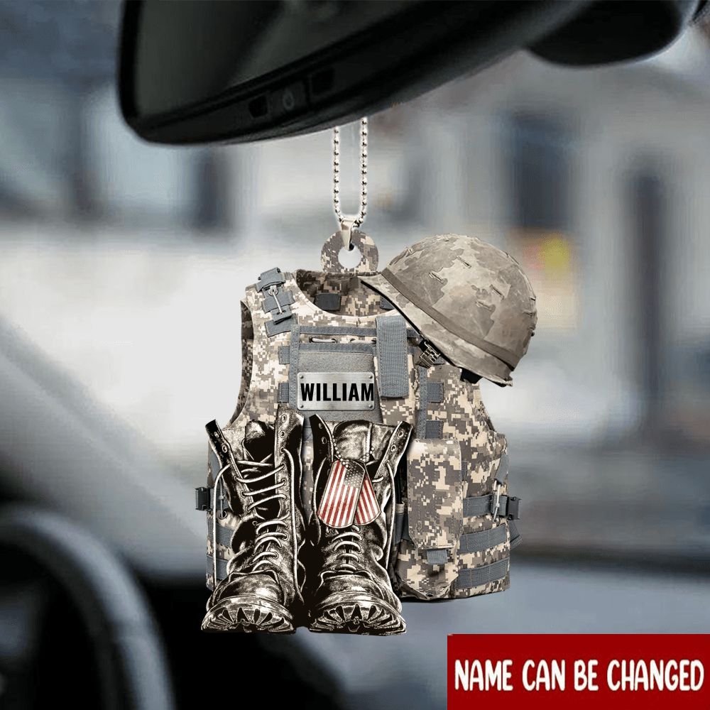 Personalized Military Uniform Acrylic Ornament - Custom Boots, Vest & Helmet with Name and Country Flag - Veteran Gift, Soldier Keepsake