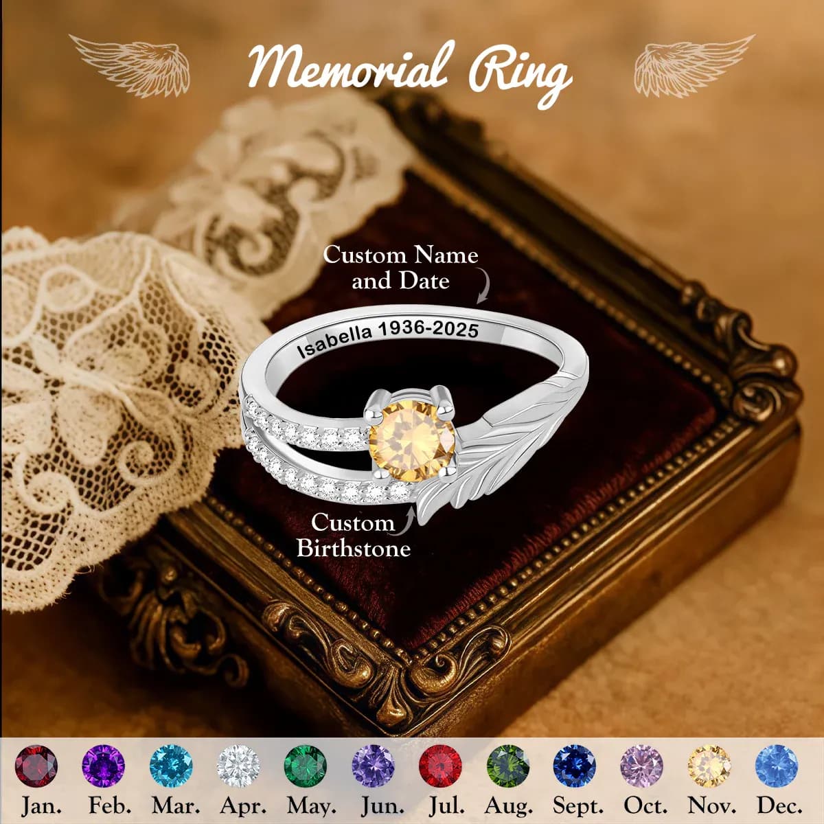 Personalized Birthstone Memorial Ring - Forever In My Heart, Custom Name Date Angel Wing Engraved Remembrance Jewelry Gift for Loss
