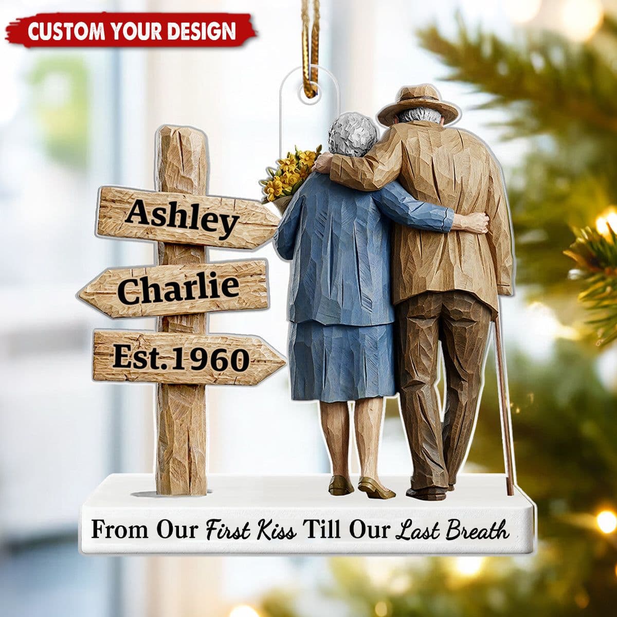 Personalized Old Couple Signpost Acrylic Ornament - Growing Old Together - Custom Names & Year - Anniversary, Wedding, Memorial Gift