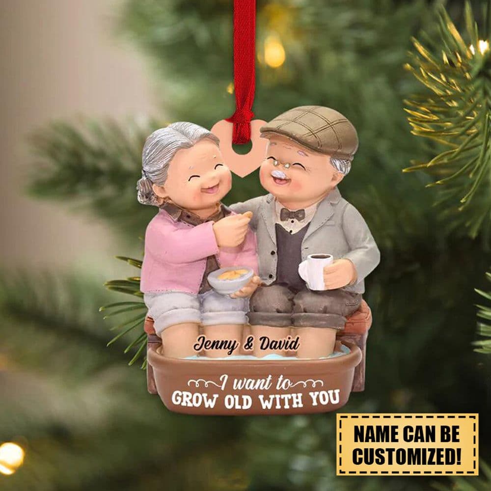 Personalized I Want to Grow Old With You Old Couple Acrylic Christmas Ornament - Custom Names Funny Elderly Couple Gift for Husband Wife Anniversary