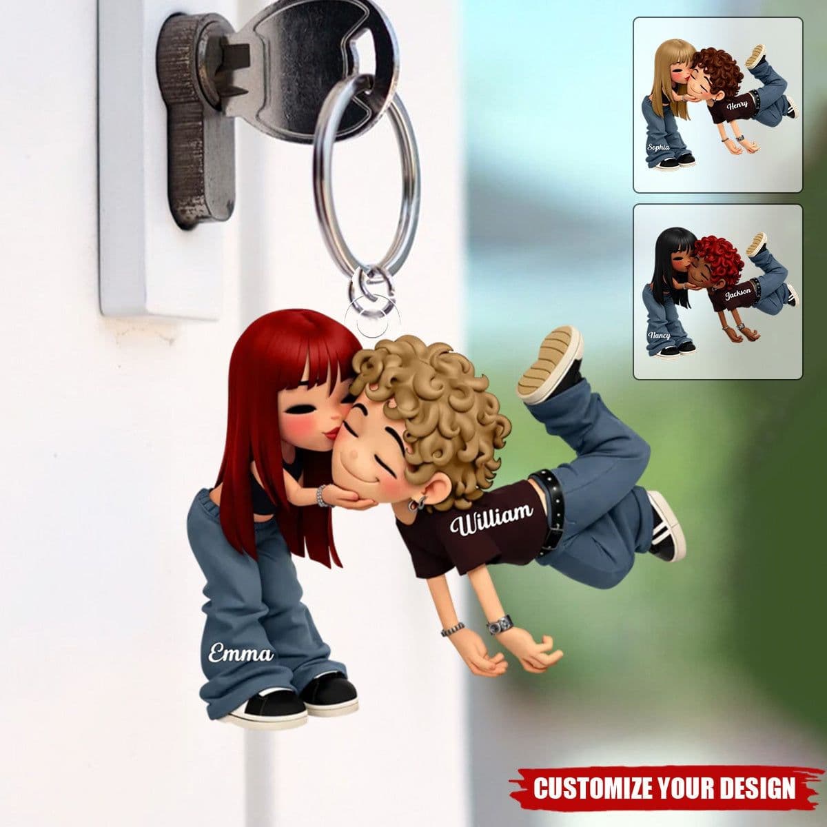 Personalized Kissing Couple Keychain - Custom Cartoon Acrylic Keychain with Names, Skin Tones & Hair Colors - Romantic Y2K Style Gift for Couples