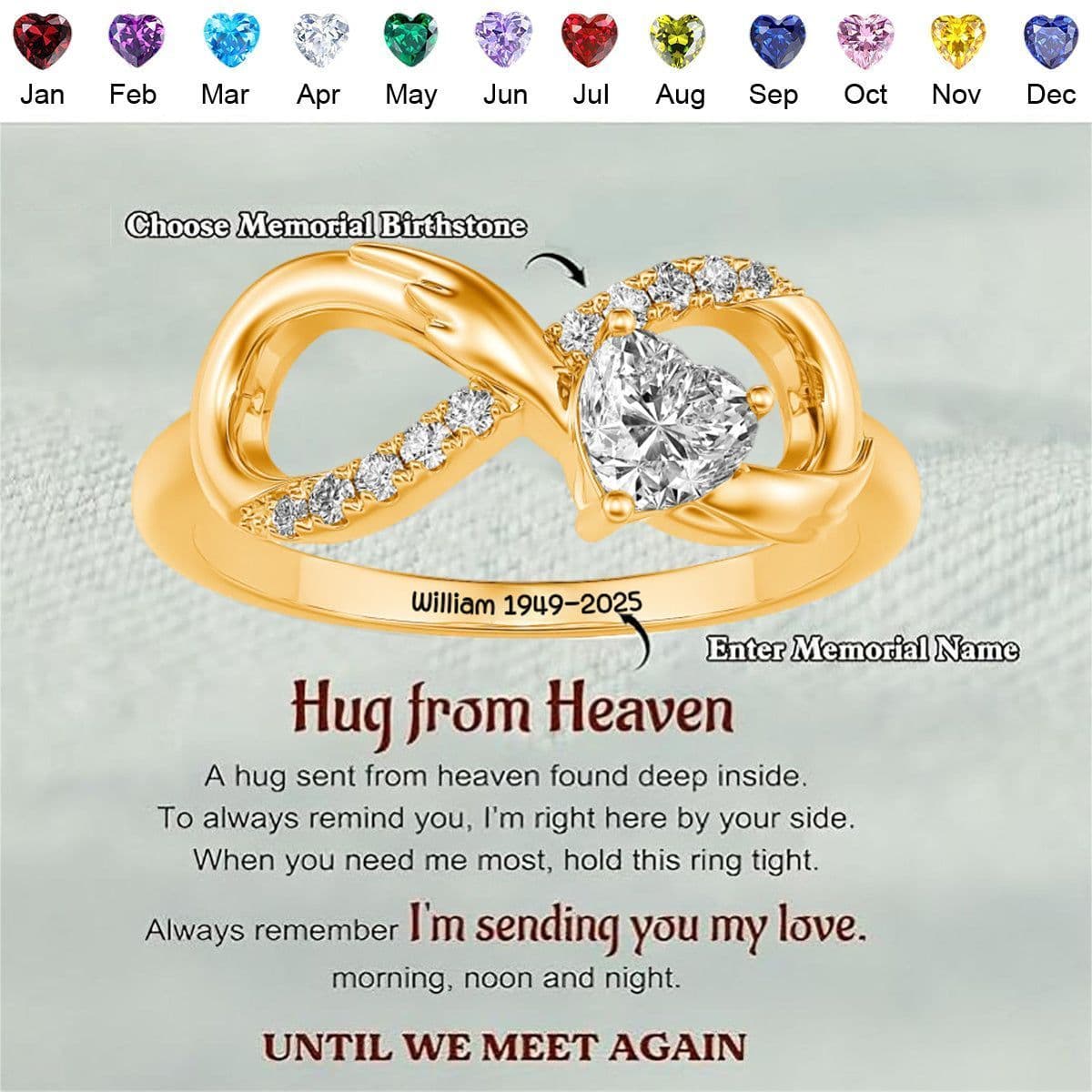 Personalized Angel Wing Infinity Ring with Heart Birthstone and Engraved Memorial Message - A Timeless Birthday or Anniversary Gift for Her