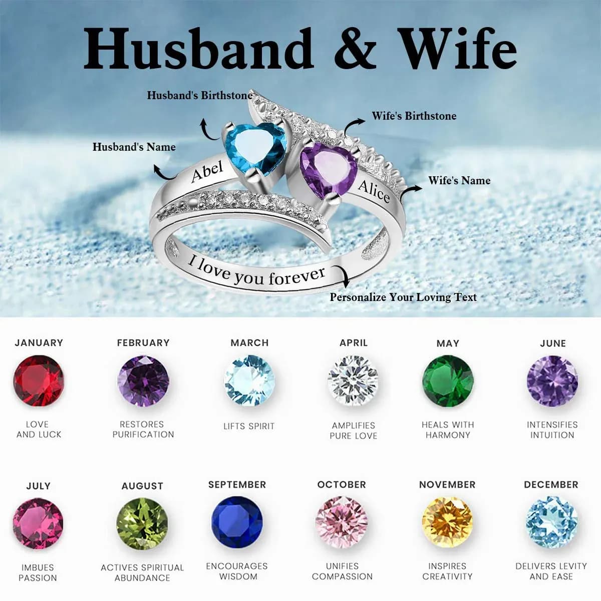 Personalized Birthstone Couple Ring for Husband and Wife - Custom Names, 2 Heart Birthstones & Engraved I Love You Forever Promise Ring
