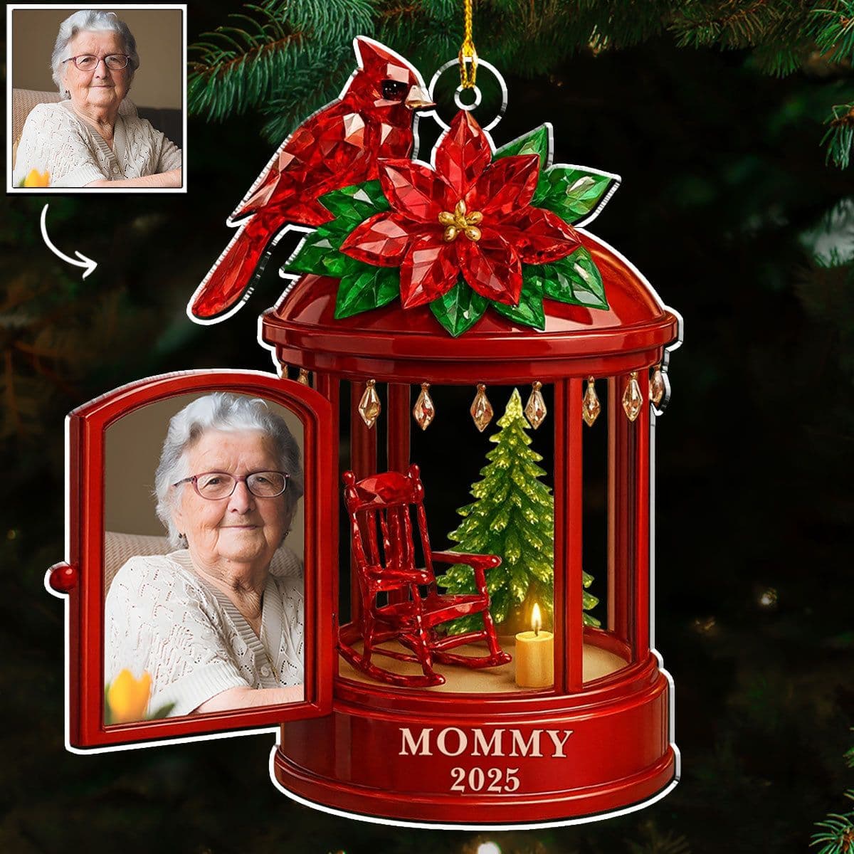 In Loving Memory Personalized Photo Ornament - Custom Acrylic Memorial Keepsake with Name & Year - Red Cardinal Tribute Gift