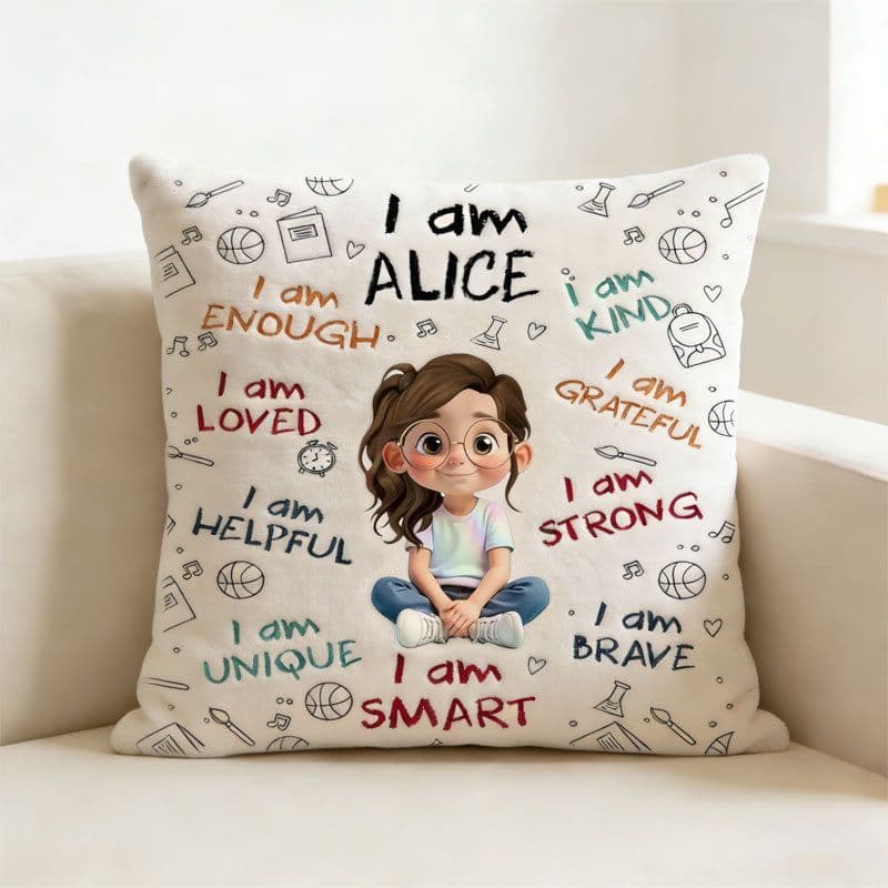 Personalized Kids Confidence Pillow - Custom Name Affirmation Pillow with Positive Messages, I Am Enough, Brave, Smart - Motivational Gift for Children with Insert