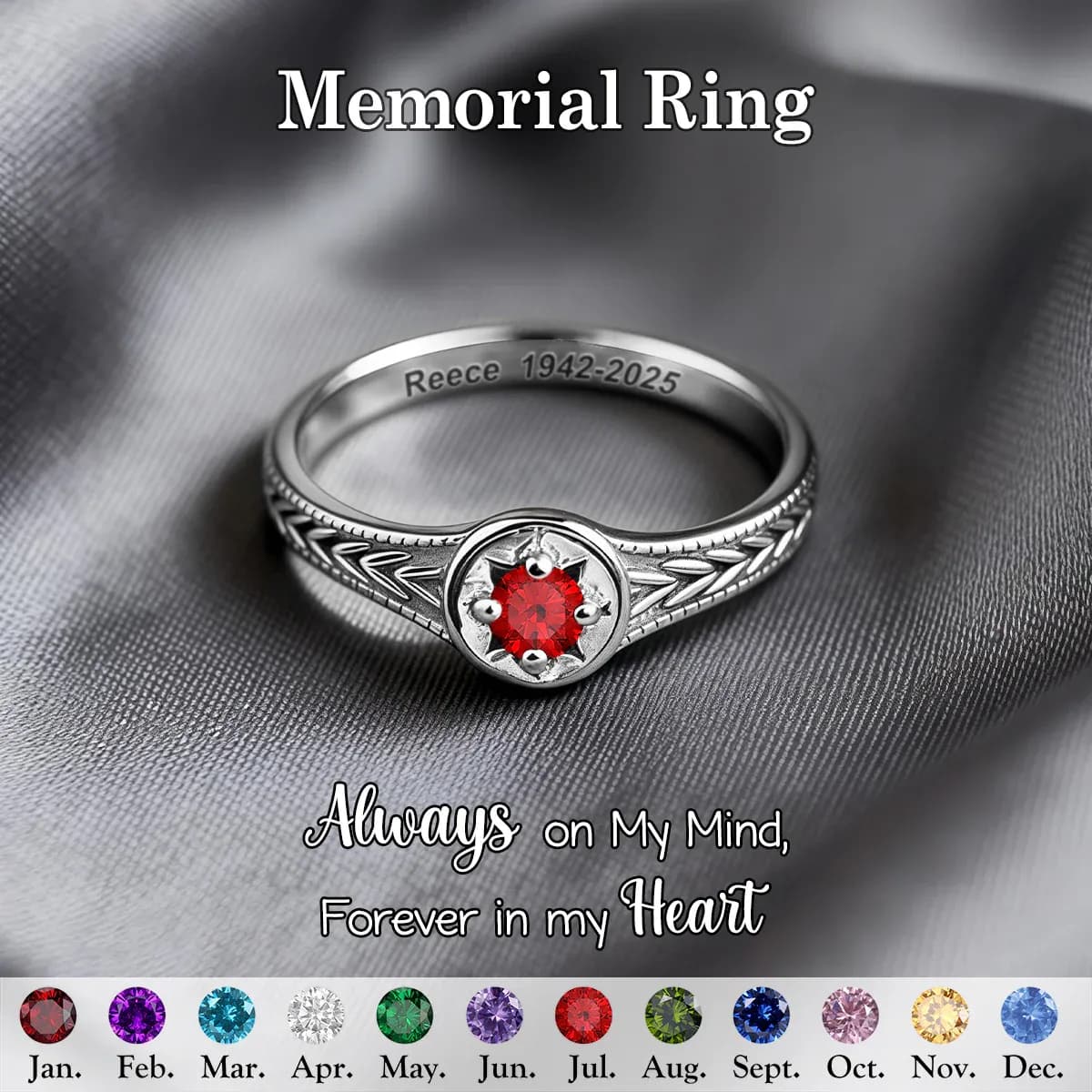 Personalized Birthstone Memorial Ring - Custom Engraved Name Date Forever in My Heart Remembrance Jewelry
