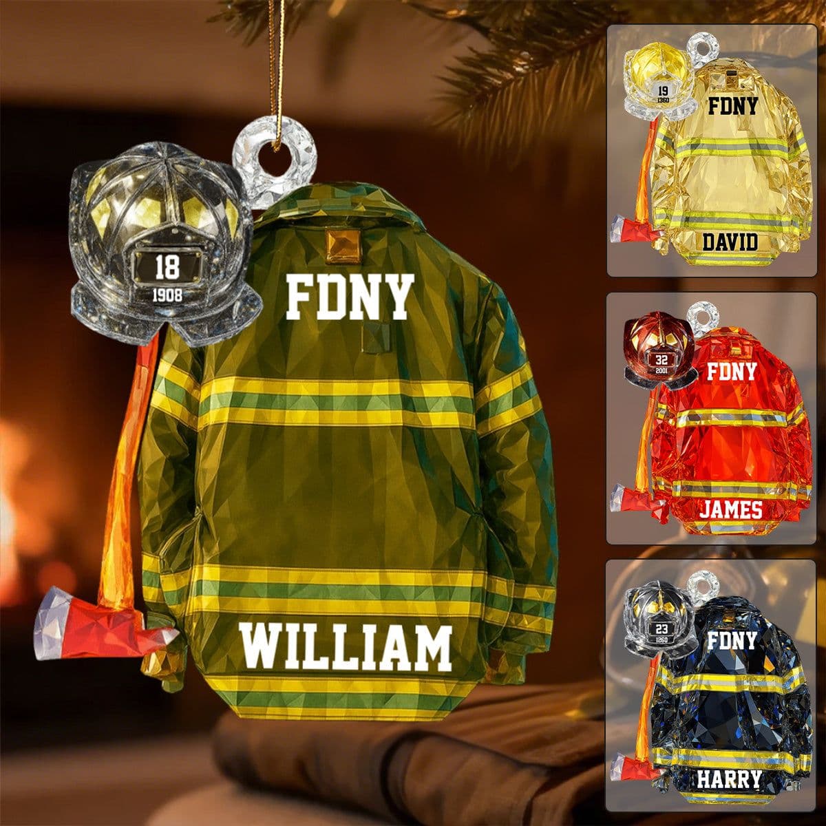 Personalized Firefighter Ornament - Custom Name & Department FDNY Fireman Jacket Helmet Acrylic Ornament - Firefighter Gift